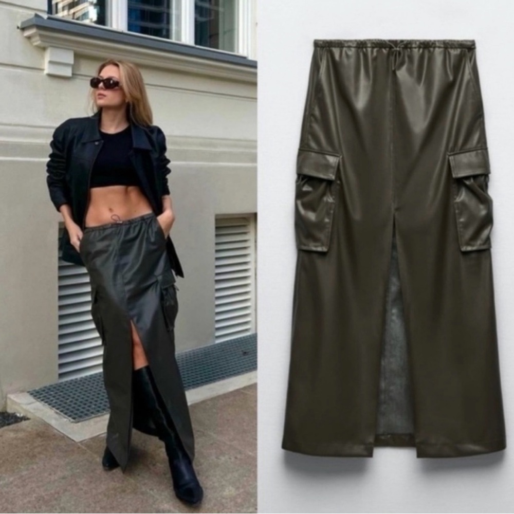XXL NWOT Zara faux leather Olive Green Women's Cargo maxi slit skirt